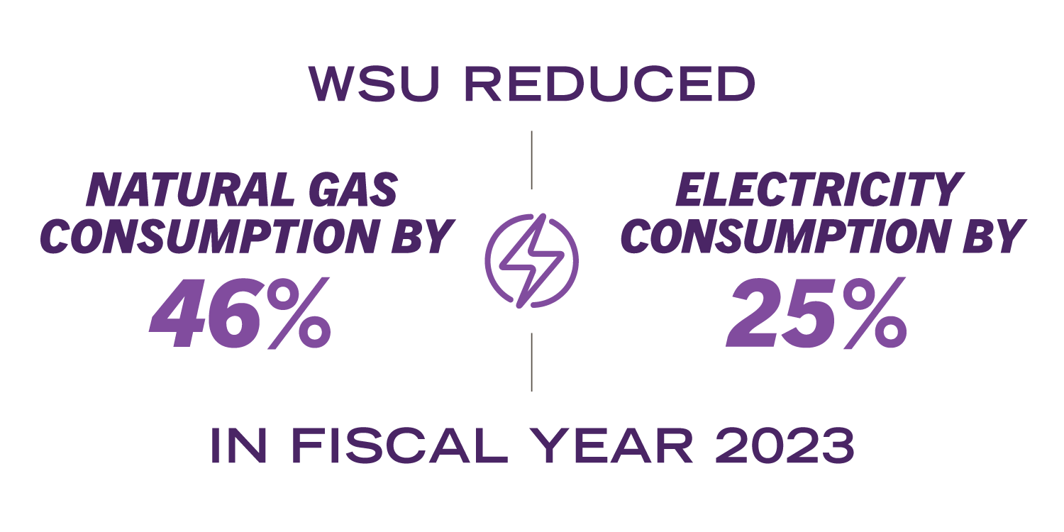 WSU reduced natural gas consumption by 46% and electricity consumption by 25% in fiscal year 2023.