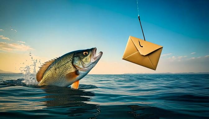 A fish being lured by an email envelope on a hook